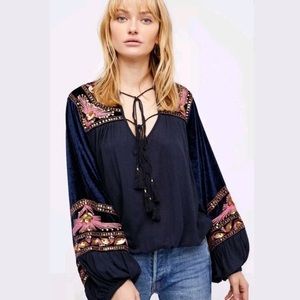 NWOT Free People Hearts Aflame Blouse Navy L